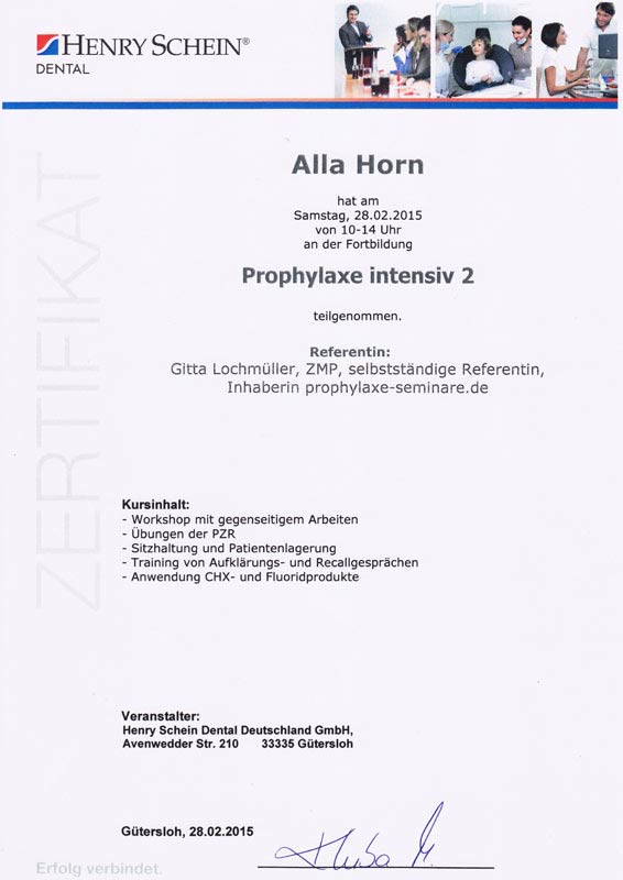Zertifikat, Prophylaxe intensiv-2-Frau Horn