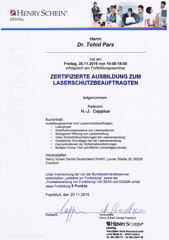 Dr. Tohid Pars, Ausbildung zum Laserschutzbeauftragten