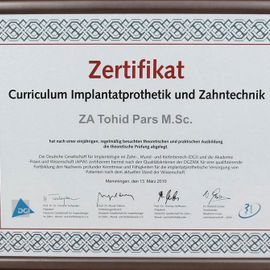  Zertifikat, Curriculum Implantatprothetik, Herr Tohid Pars