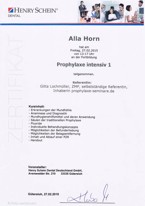 Zertifikat, Prophylaxe intensiv-1-Frau Horn